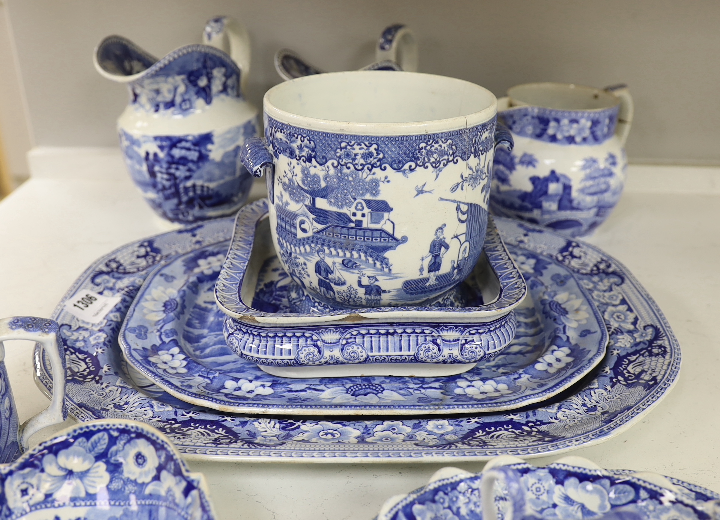 A collection of Victorian blue-printed ceramics, including Spode